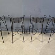 Tabourets de bar vintage en fer forgé et rotin, ensemble de 4 - années 1970