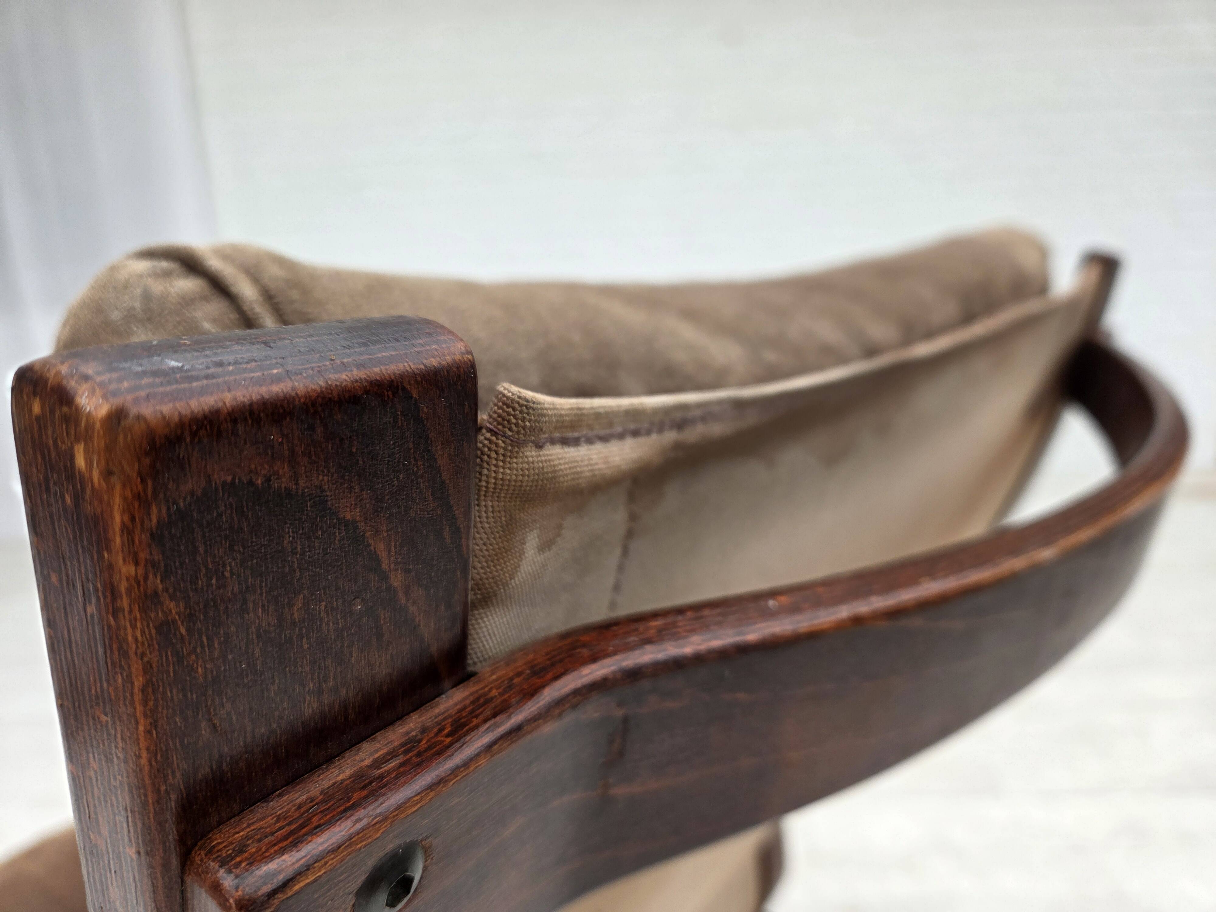 1970s, Scandinavian lounge chair, nubuck leather, canvas, beech wood.