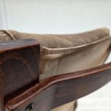 1970s, Scandinavian lounge chair, nubuck leather, canvas, beech wood.