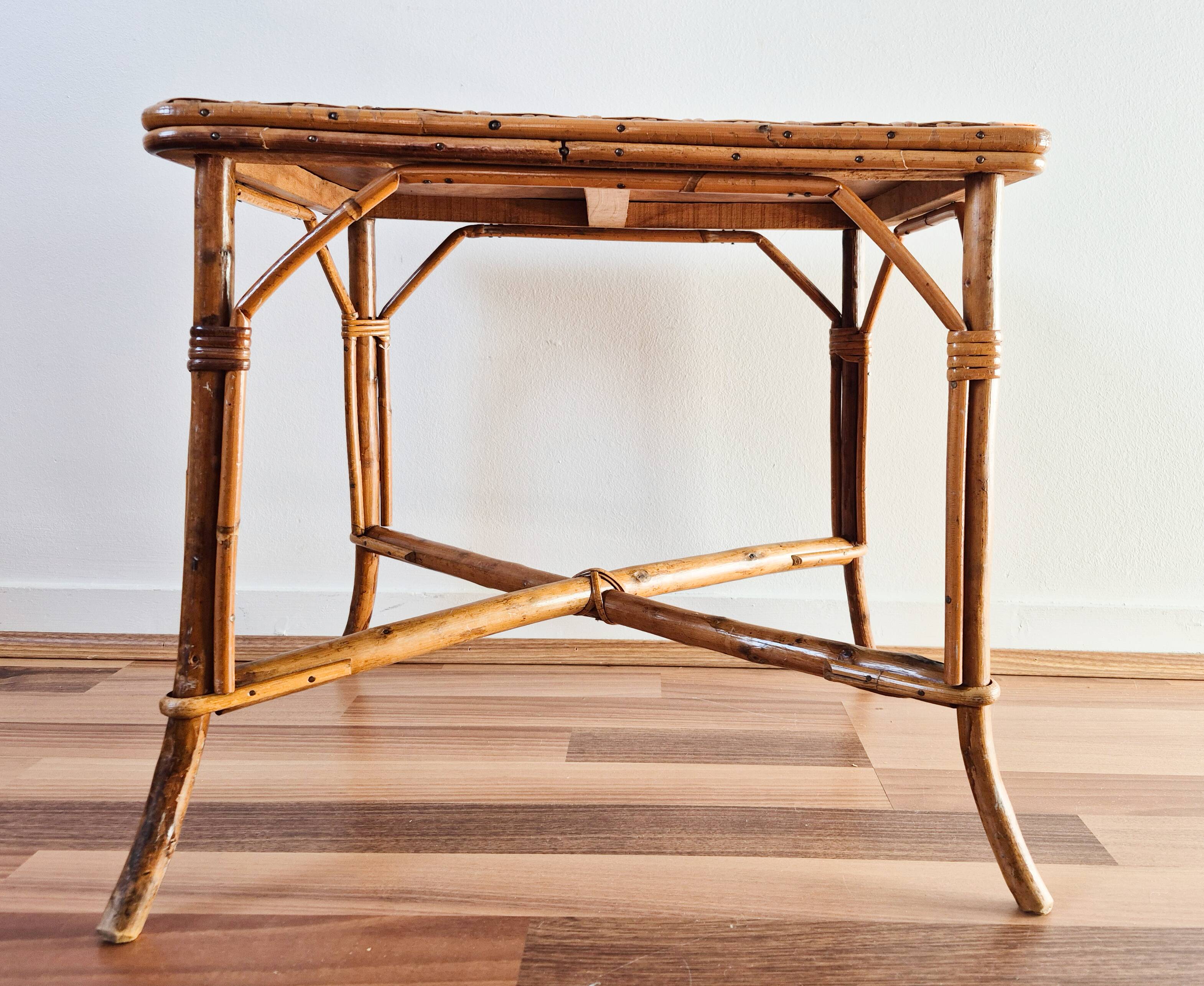 Rectangular rattan table for children, French vintage, side table.