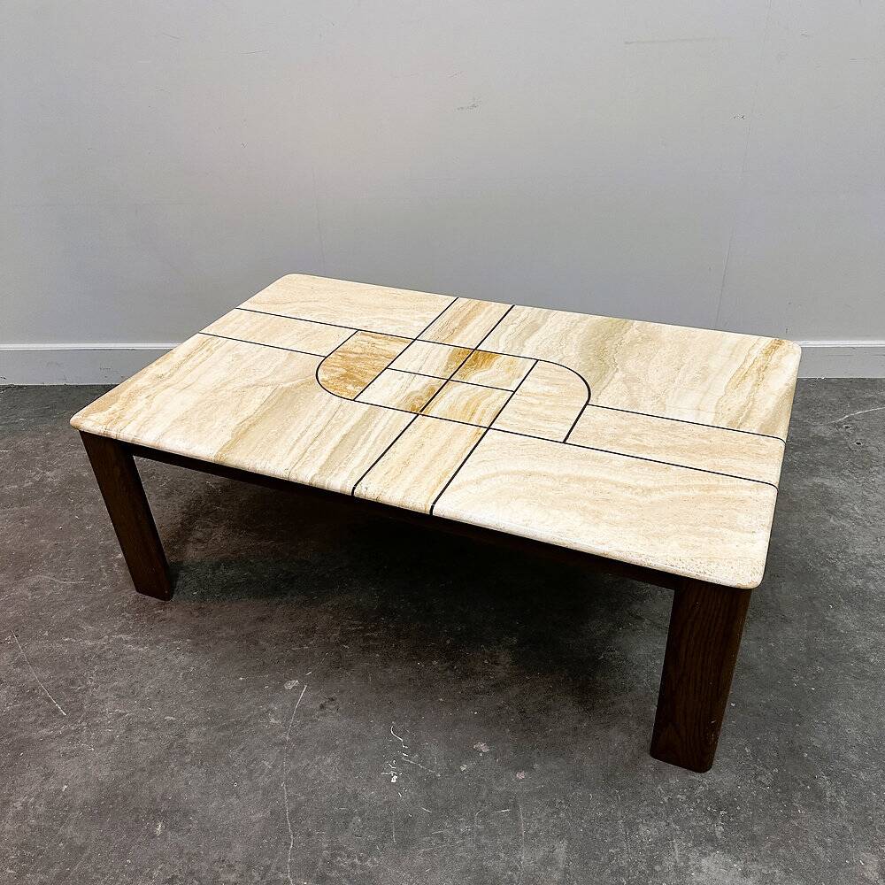 1970s travertine coffee table with sculptural top and solid oak base