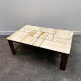 1970s travertine coffee table with sculptural top and solid oak base