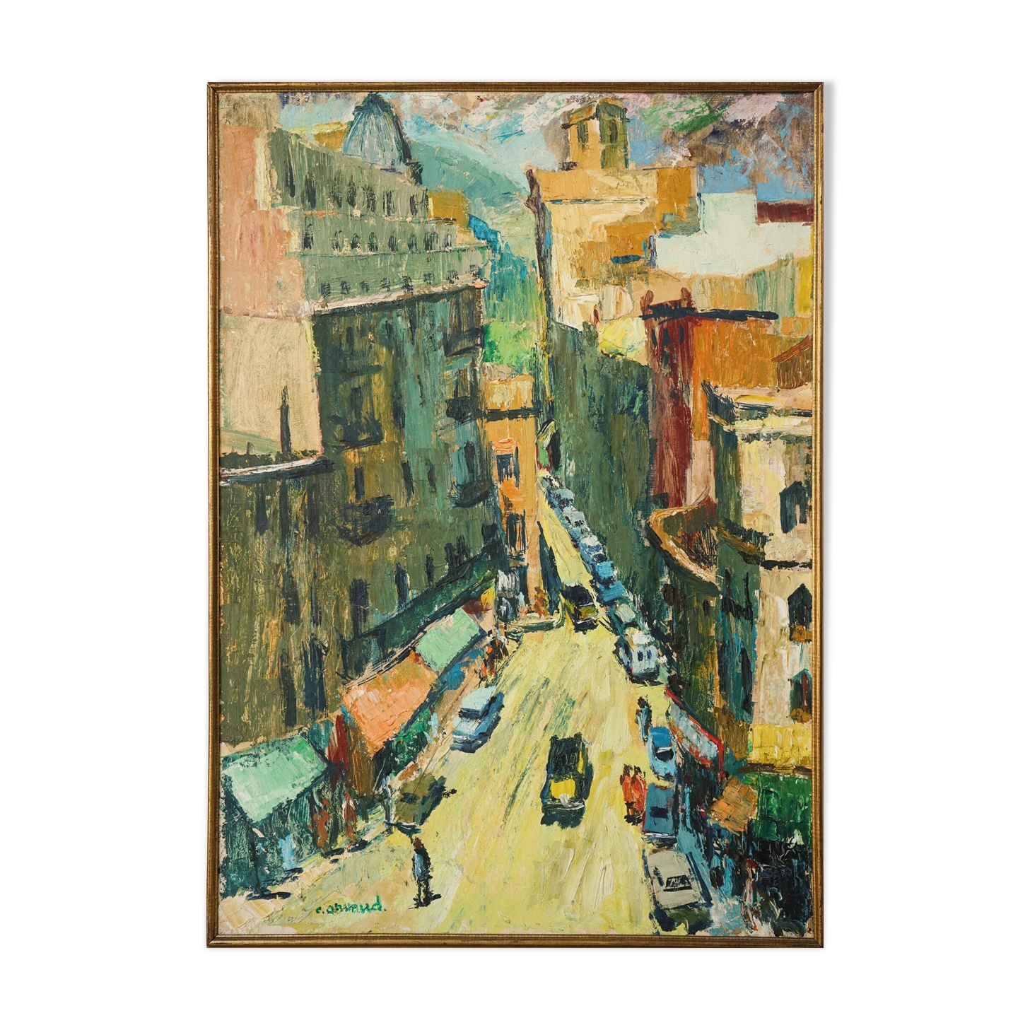 Vibrant Modernist Expressionist - Street Scene With Mid-century Cars