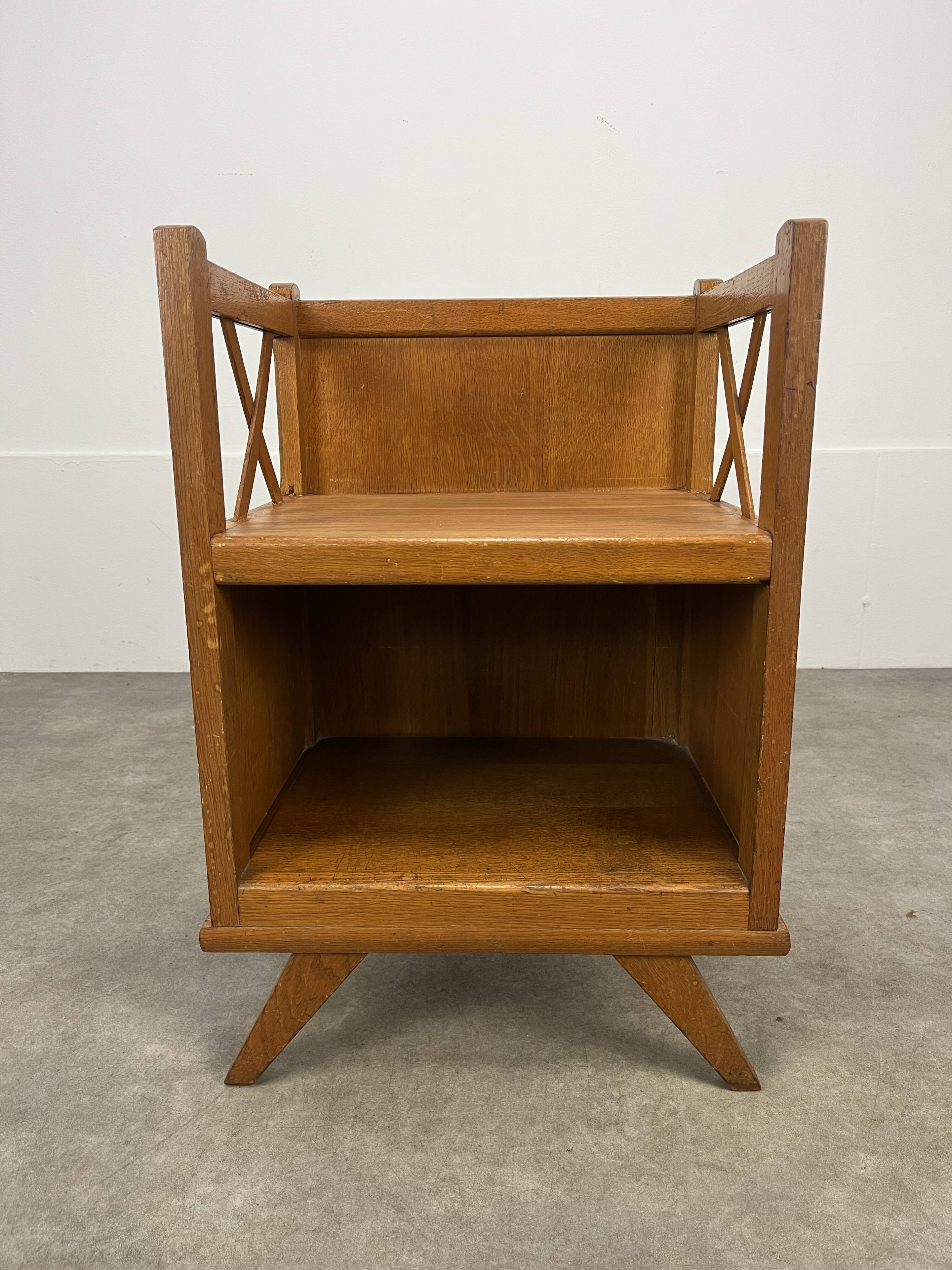 50s wooden cross-braced bedside table