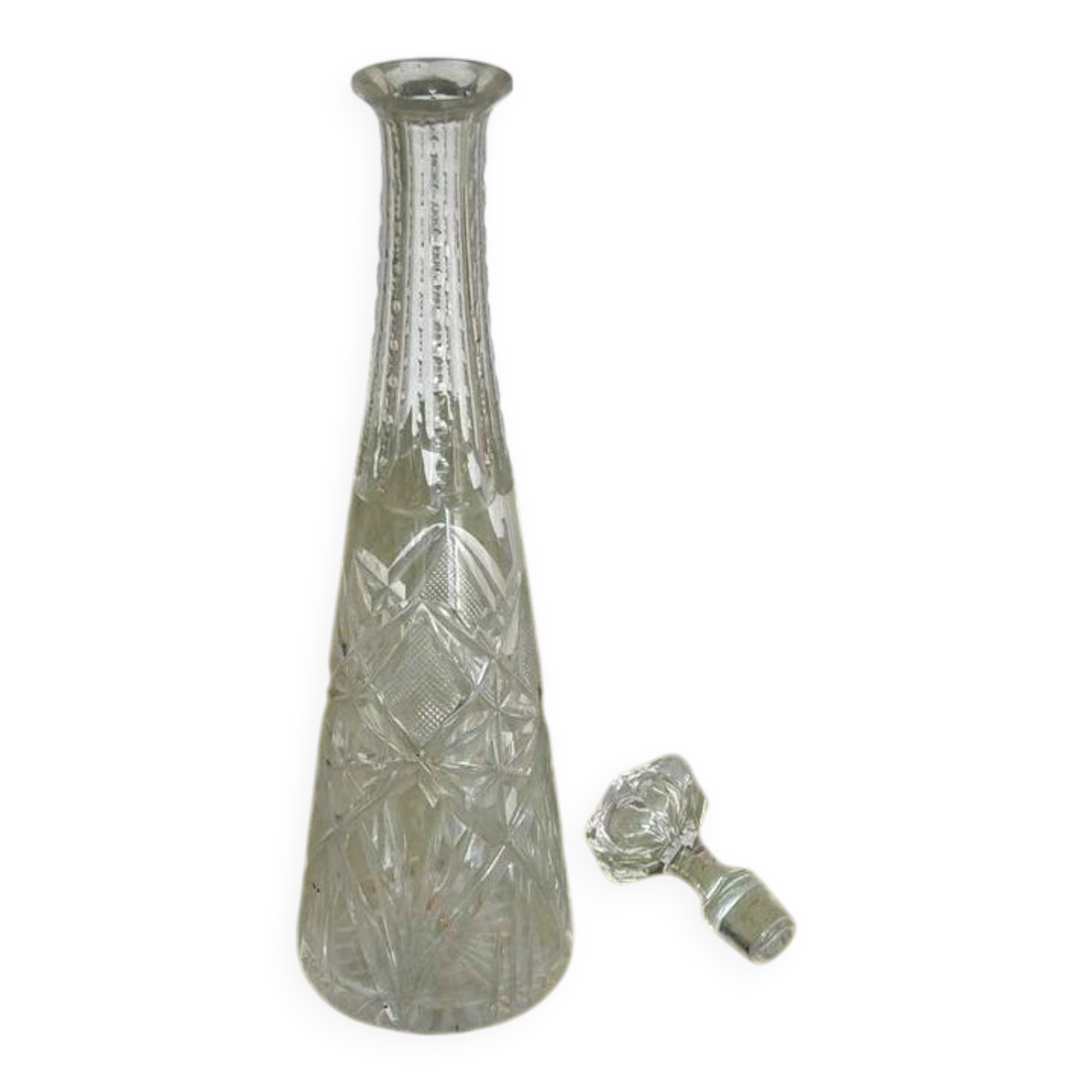 Long carafe with a cut Bohemian crystal stopper, design decor, 38.5 cm.