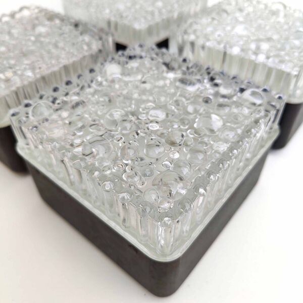 Set 4 appliques plafonniers carrés verre moulé bulles et métal noir