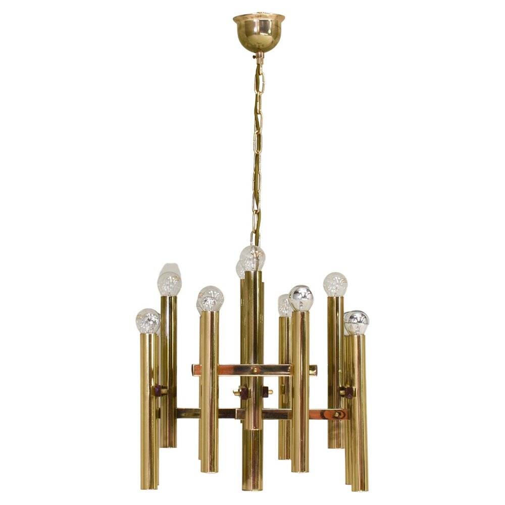 Italian brass chandelier 12 spot pendant lamp by Gaetano Sciolari, 1970s