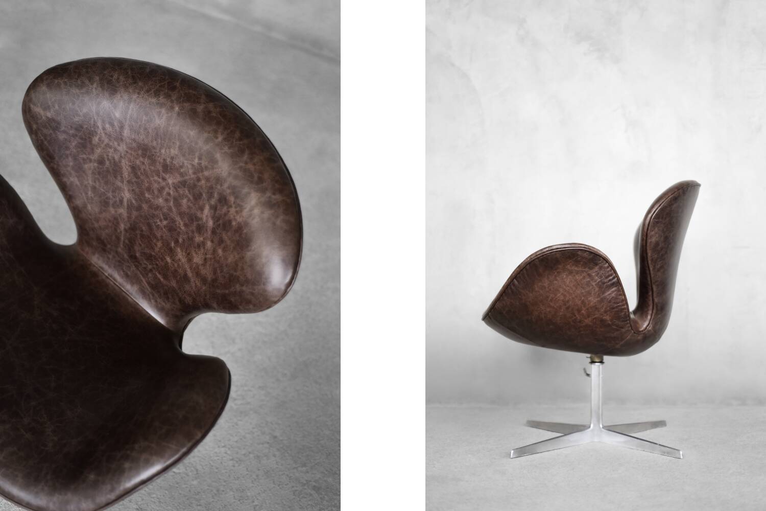 Brown leather Swan chair by Arne Jacobsen, mid-century Danish modernity.