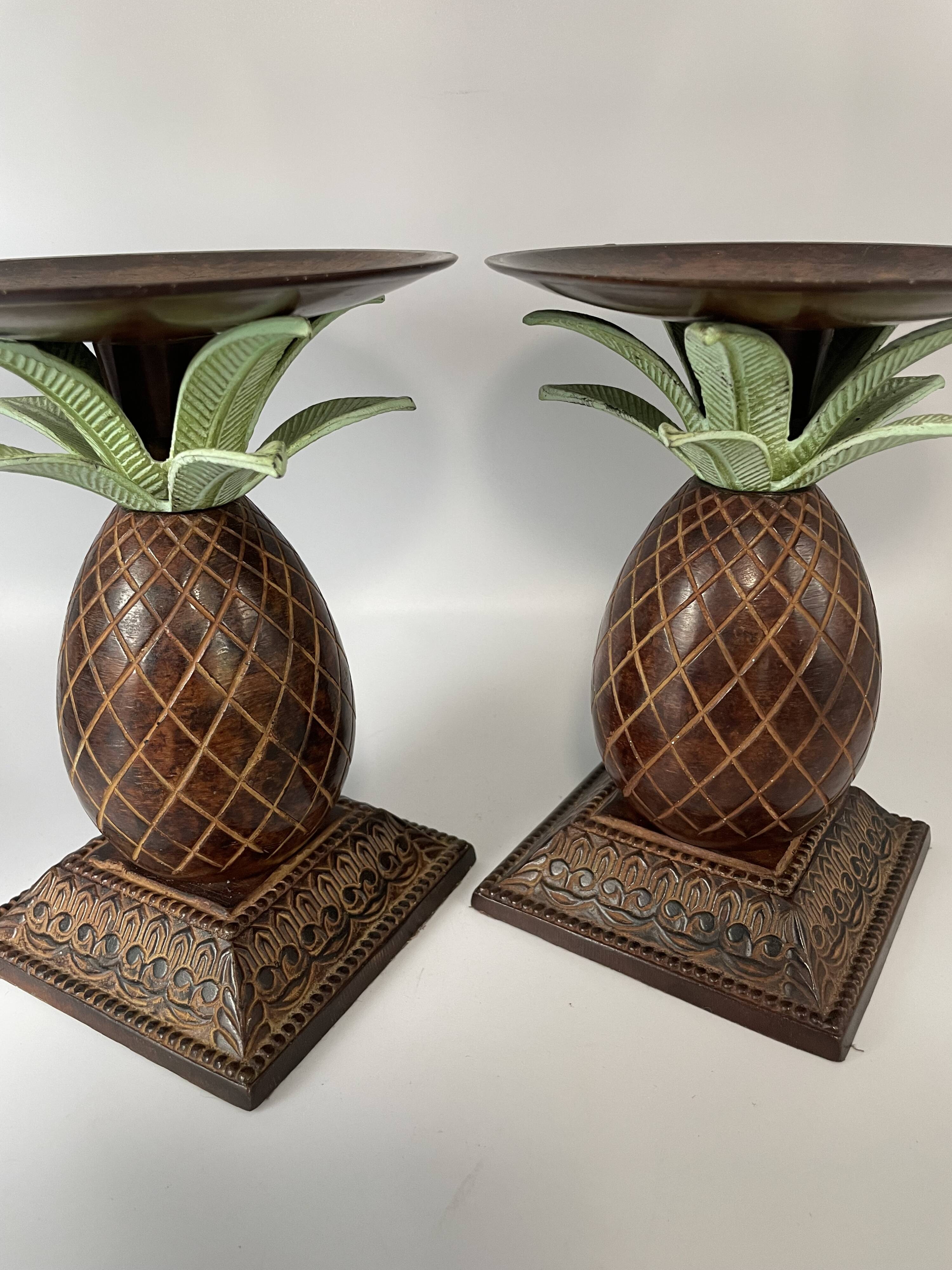 Pair of vintage bronze pineapple candlesticks