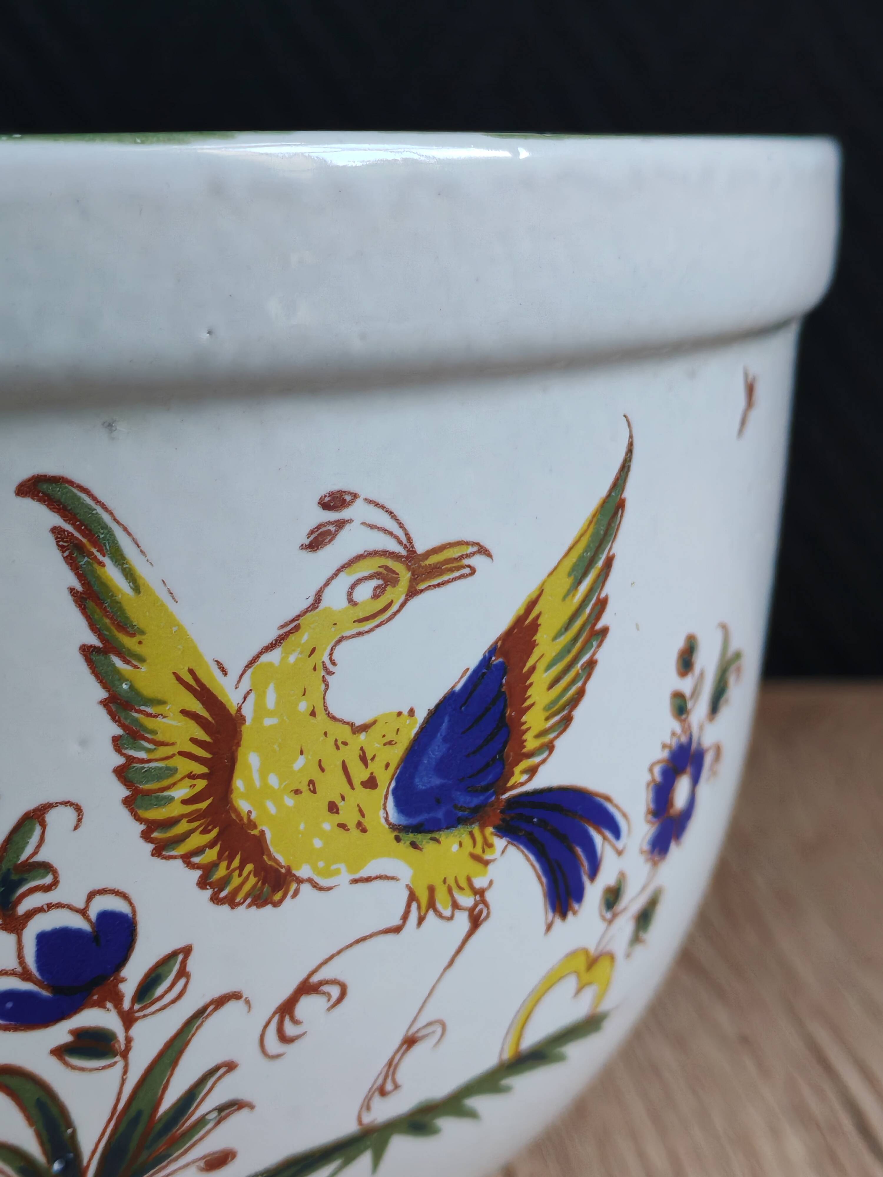 Saladier vintage faïence blanche oiseau exotique style Moustiers