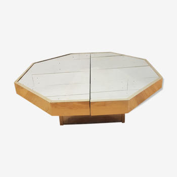 Table basse bar octogonale miroir et métal doré France 1970