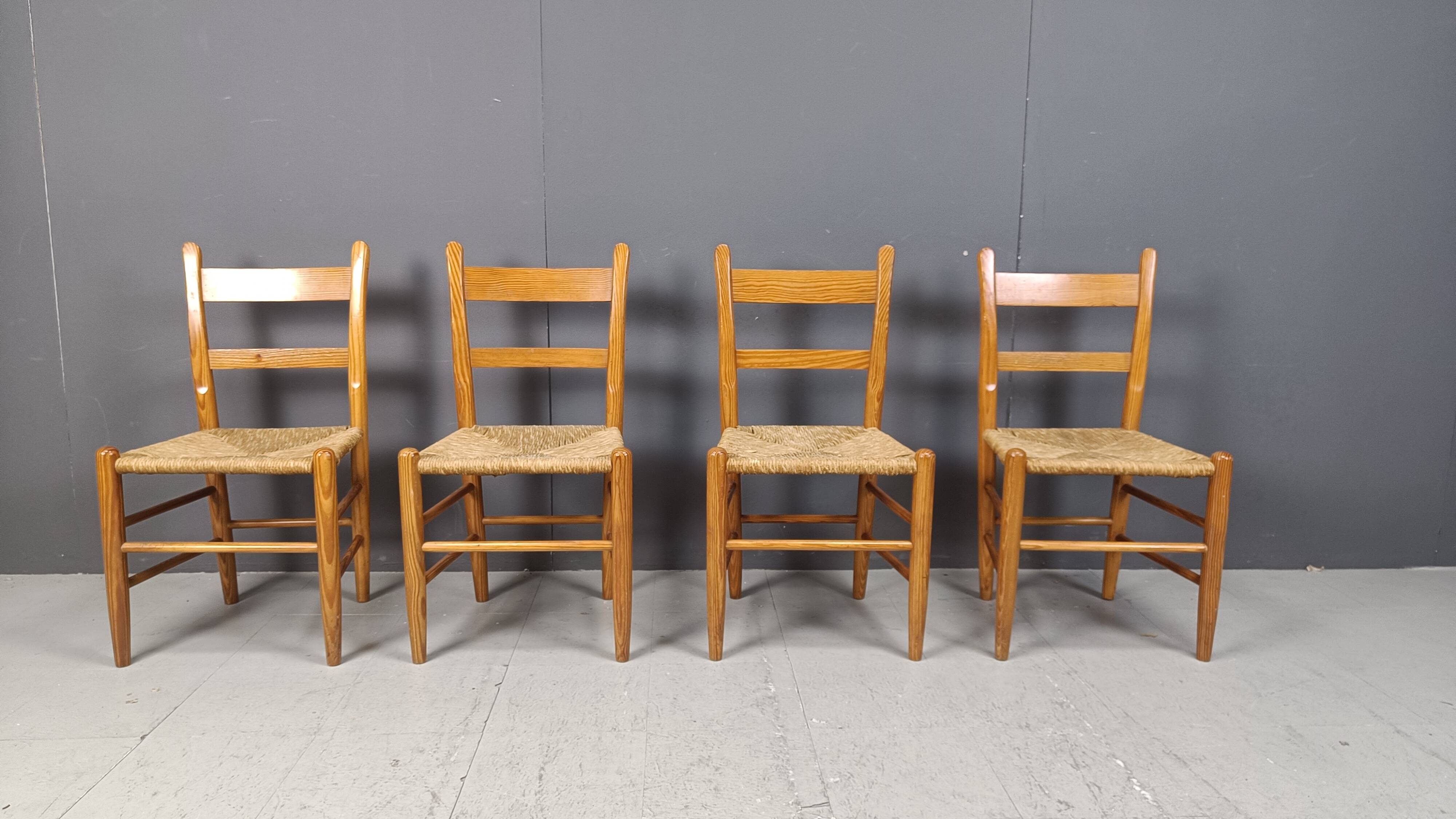 Mid century oak and wicker dining chairs, set of 4