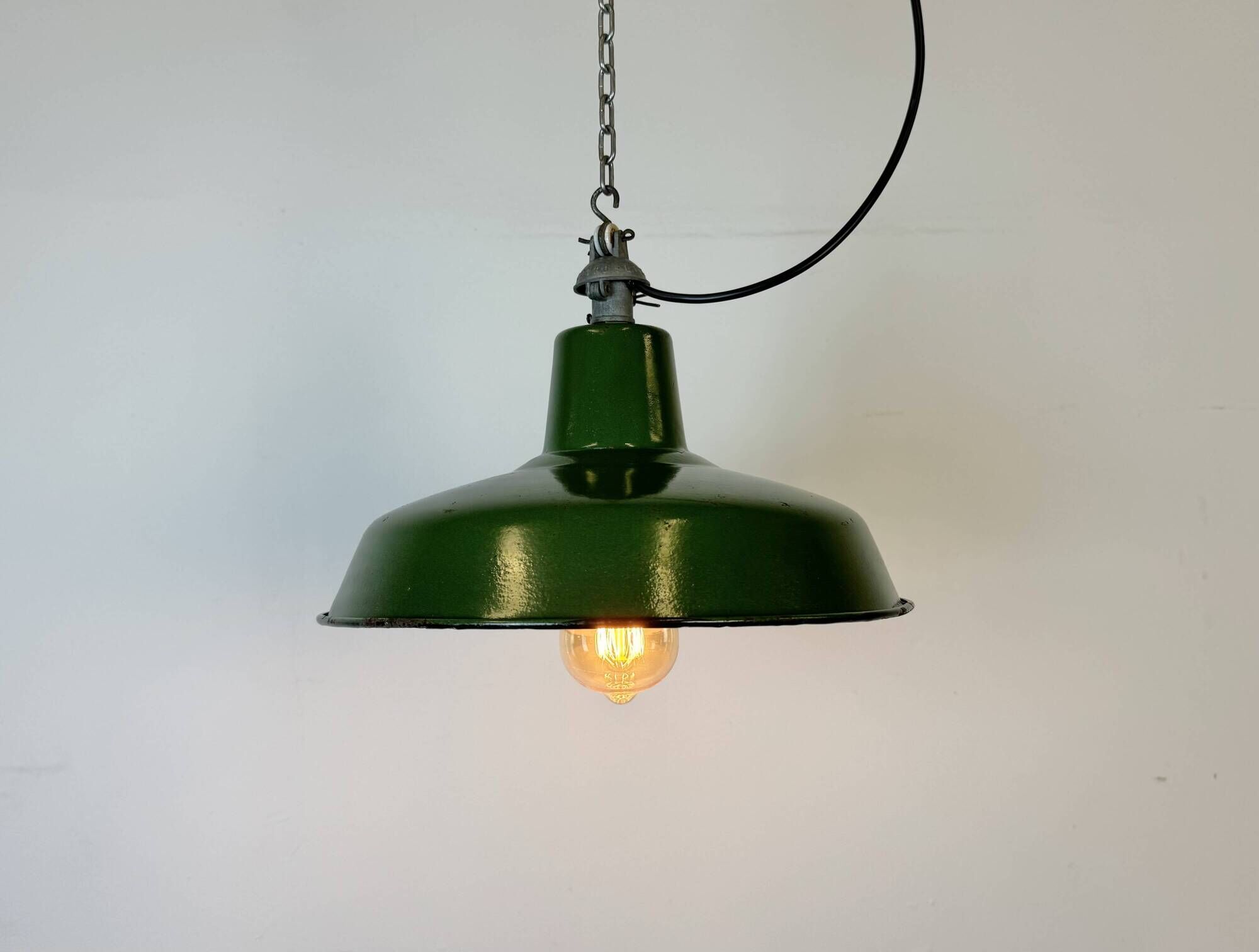 Industrial French Green Enamel Factory Lamp, 1960s