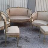 Golden lounge two armchairs and a gondola-shaped sofa and a pair of Louis XVI chairs