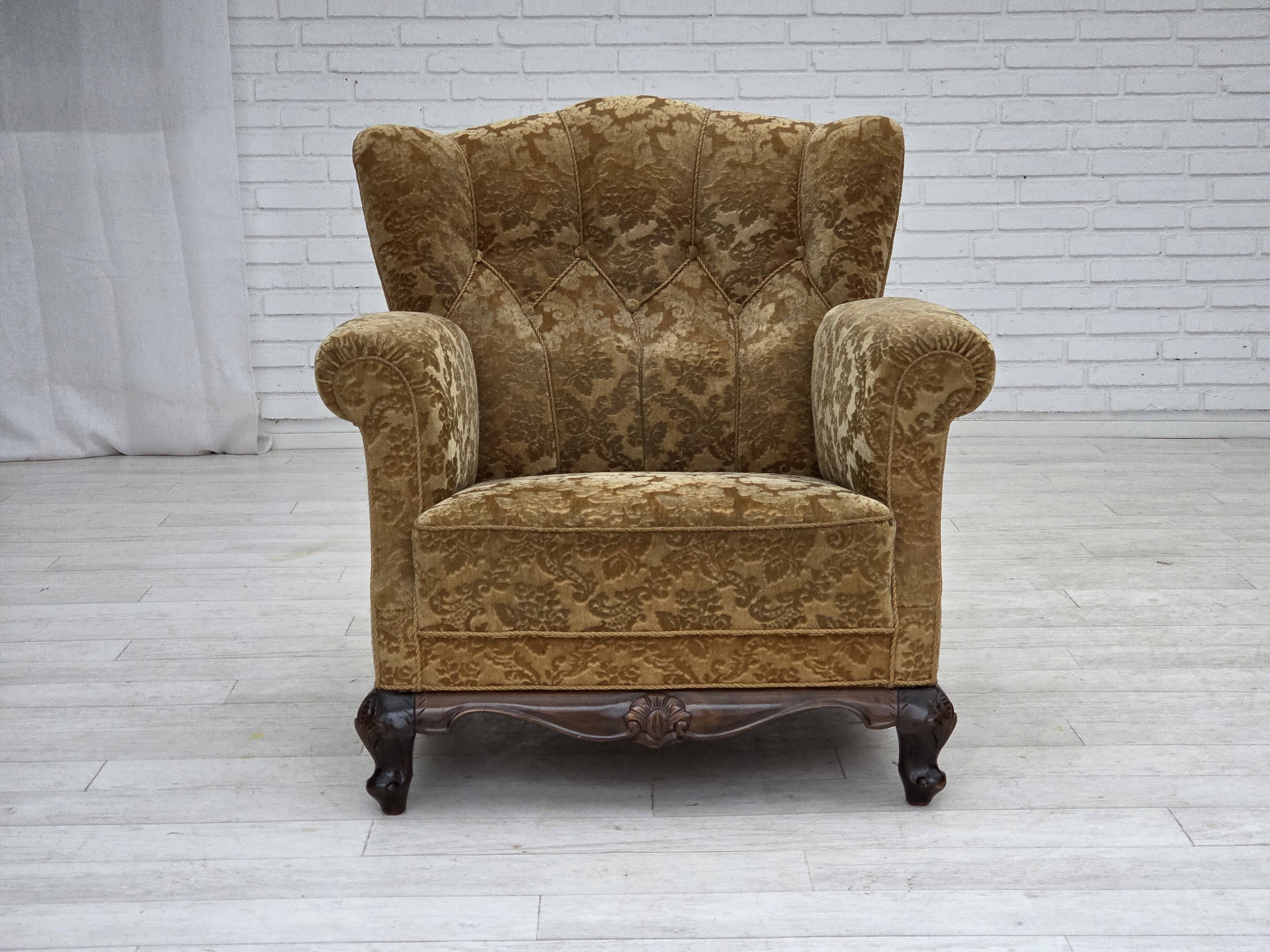 1950s, Danish relax armchair, furniture velour, carved oak wood.