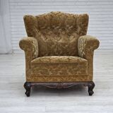 1950s, Danish relax armchair, furniture velour, carved oak wood.