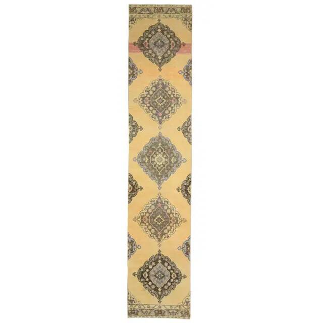 1970s Vintage Turkish Hand-Knotted Wool Cotton Yellow Runner Rug  74x383