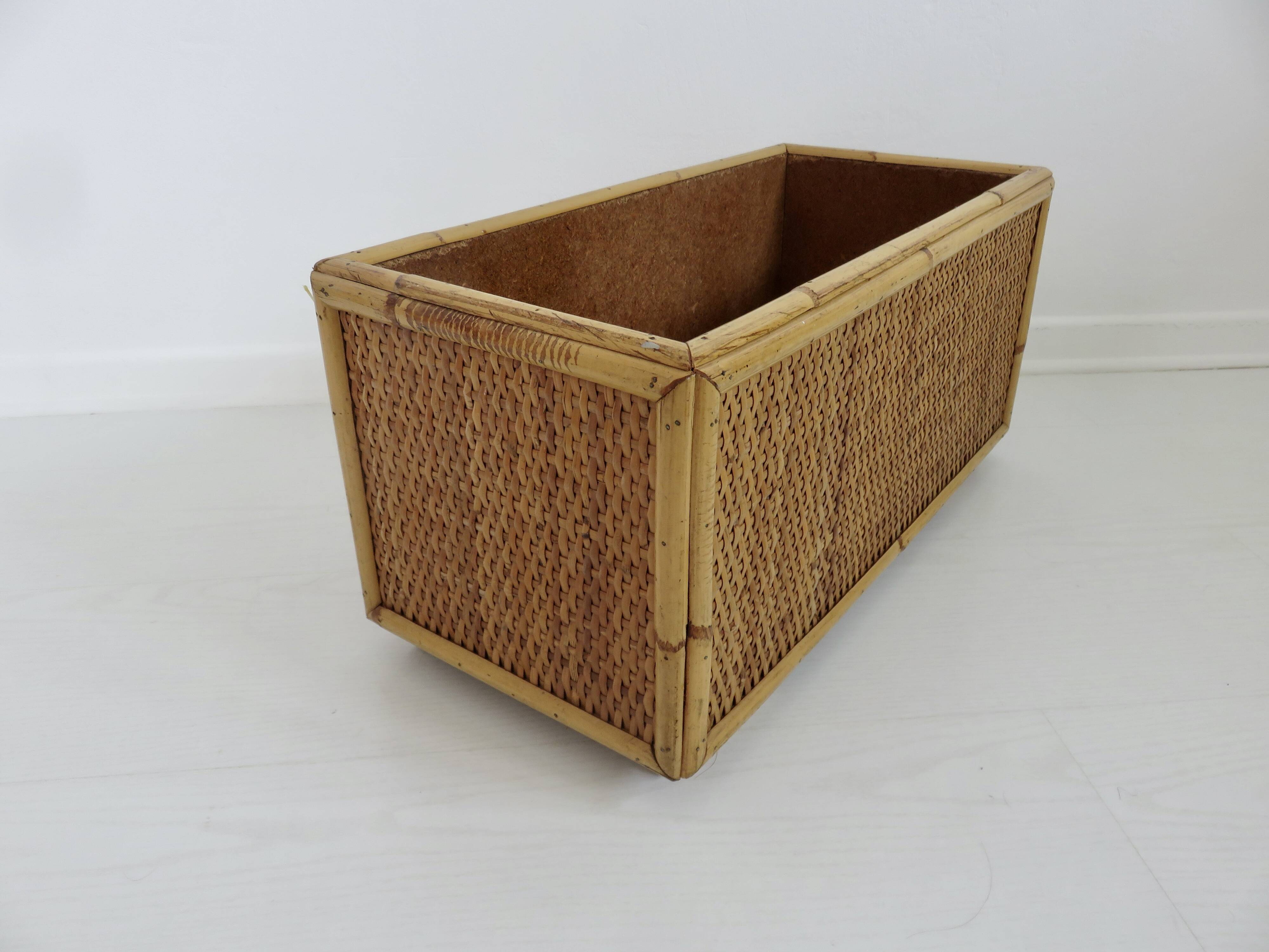 70s woven rattan and bamboo planter