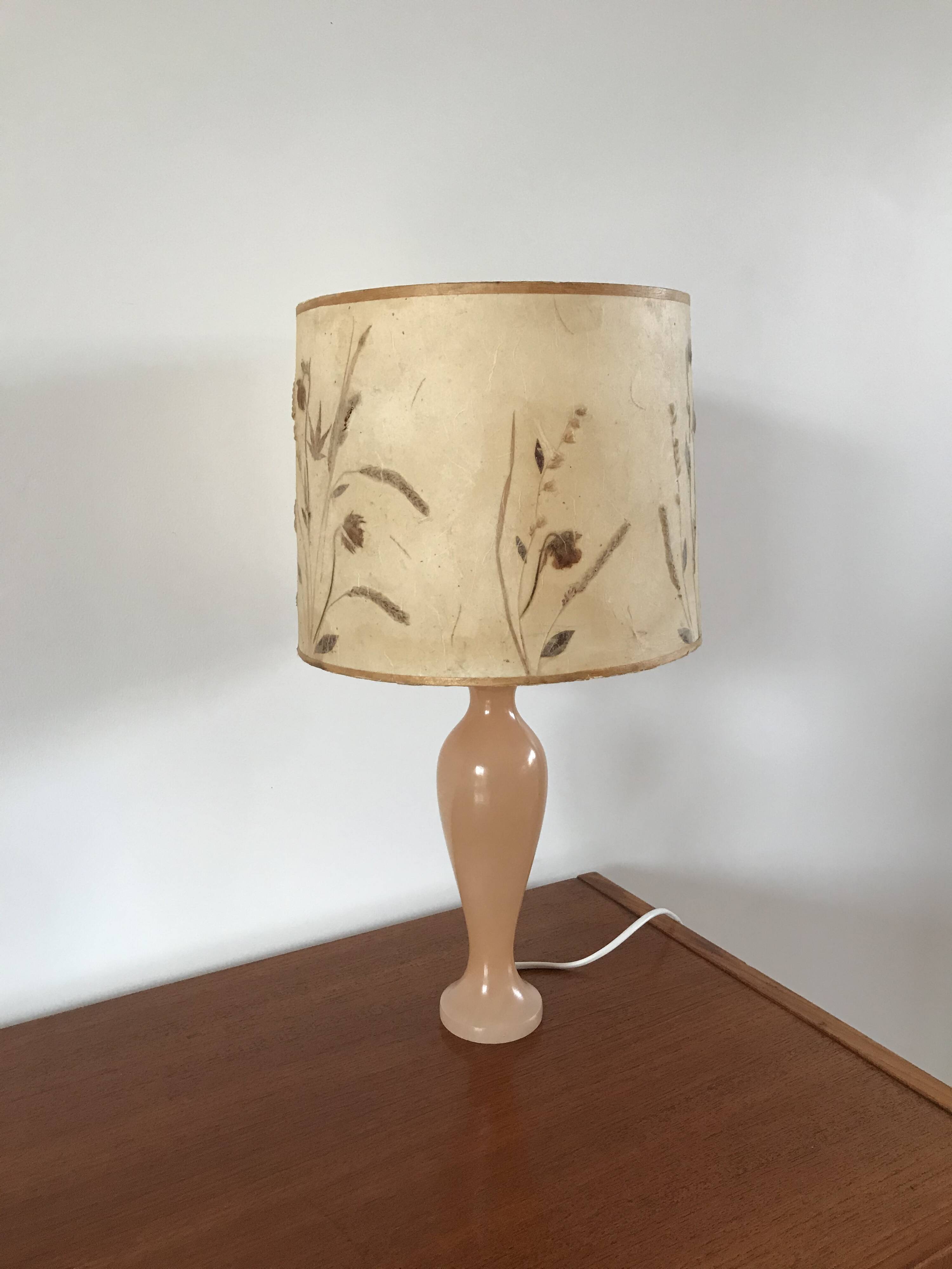 Pink alabaster lamp and dried flower lampshade 1970