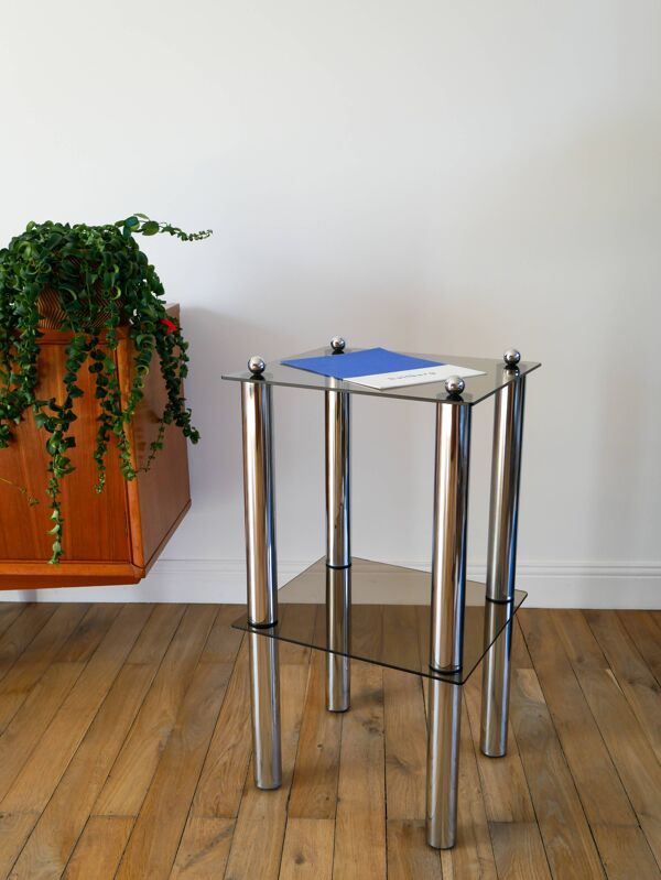 Sellette en chrome et verre fumé, double étages, Design, 1970