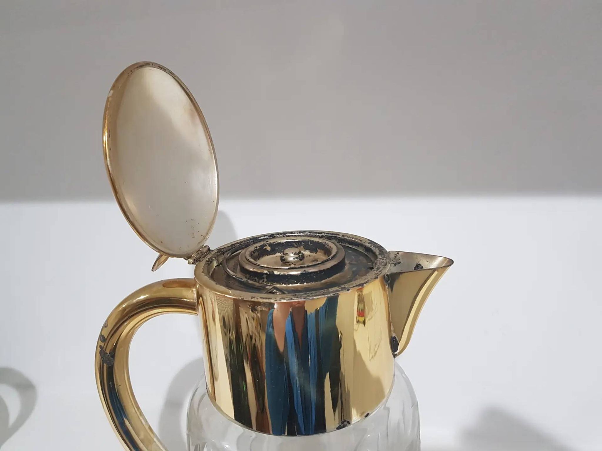 Carafe, cristal transparent, laiton doré, Allemagne, années 50