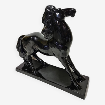 Statue art déco d'un cheval en céramique émaillée noire par charles lemanceau, france, 1930s