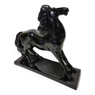 Statue art déco d'un cheval en céramique émaillée noire par charles lemanceau, france, 1930s