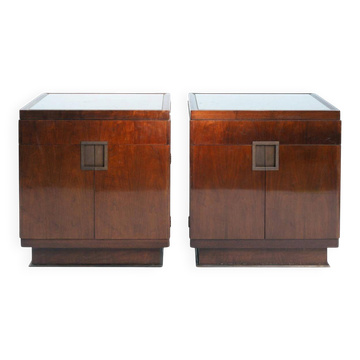 Tables de nuit de style Art déco en placage de noyer et cuivre par Baker