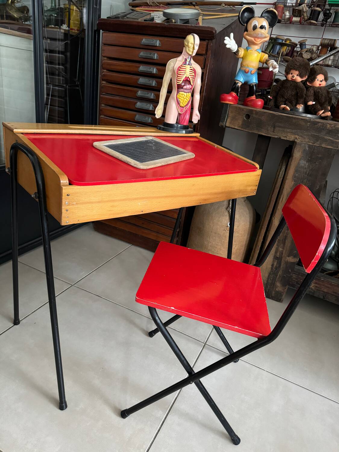 Vintage red children's desk and chair set