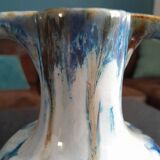 Blue and ocher enamelled stoneware vase with amphora-style handles