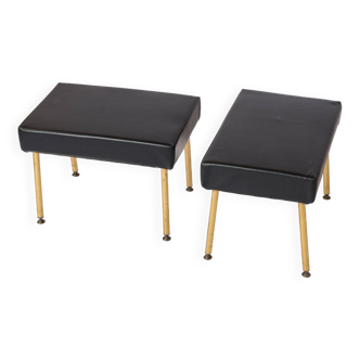 Pair of Airborne Stools in gold metal and moleskine - France 1960's