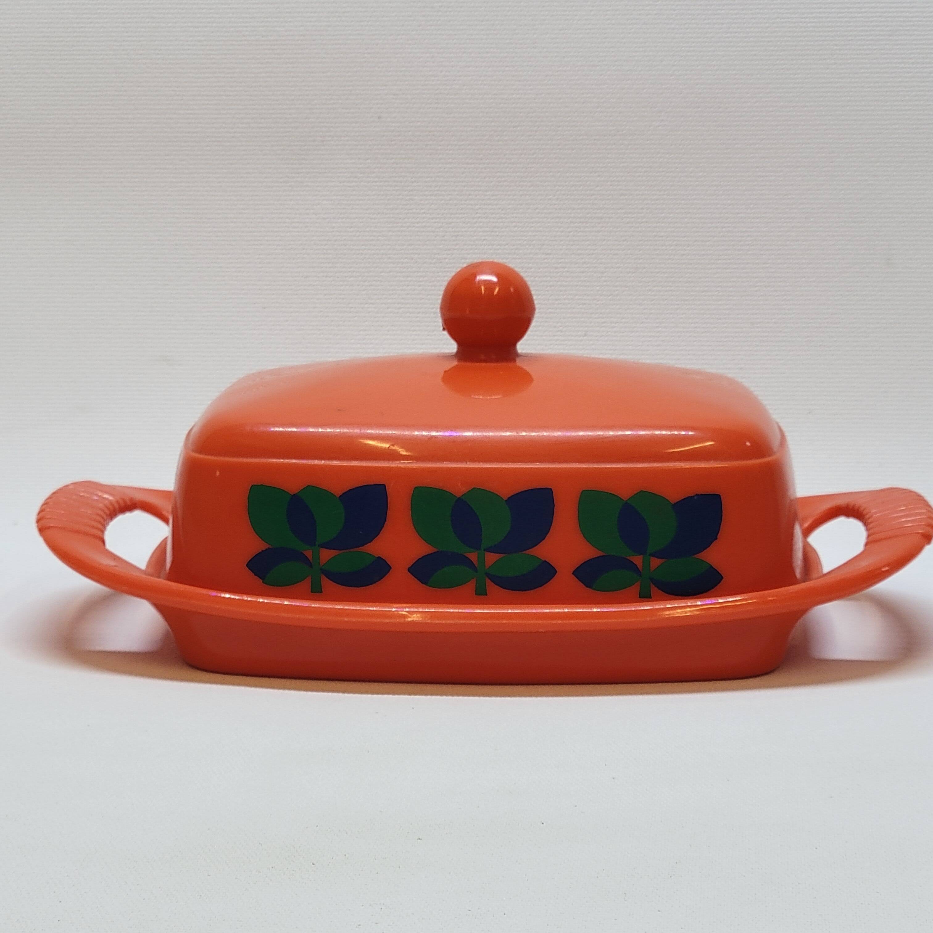 Emsa butter dish in orange plastic and vintage flowers 1970s