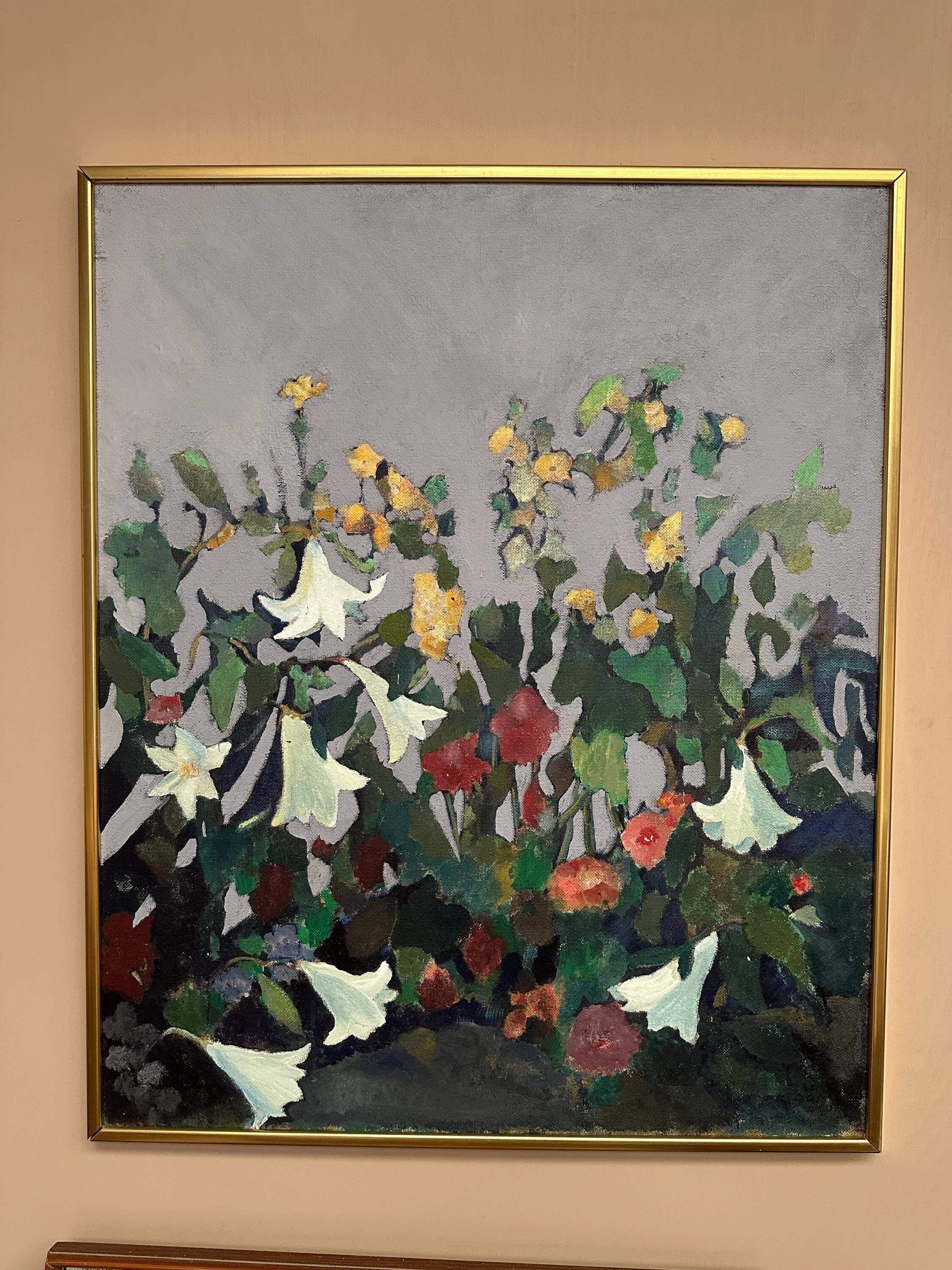Original  Swedish Oil on Hardboard – “Still Life (Flower Motif)” by L.S.