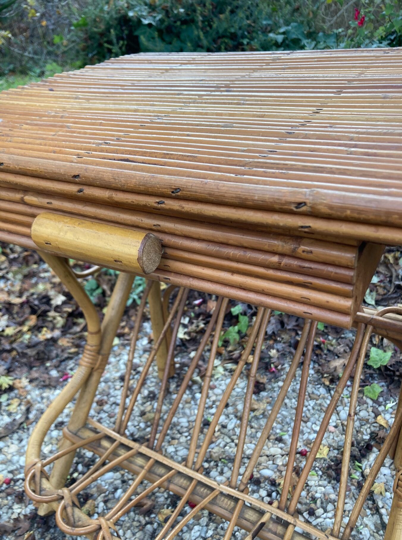 Vintage rattan magazine rack table