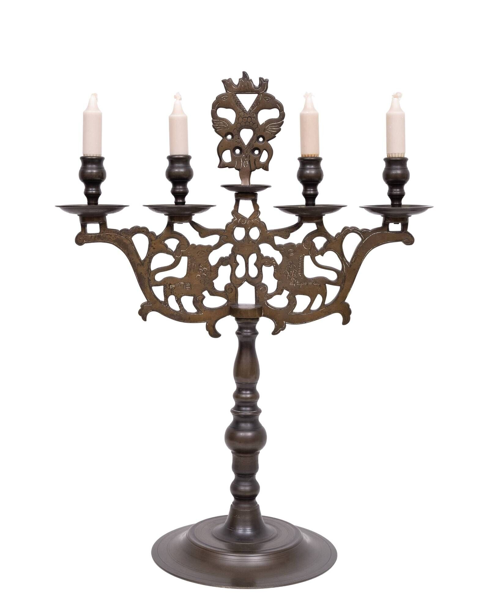Pair Large Antique Bronze Shabbat Candelabra Germany