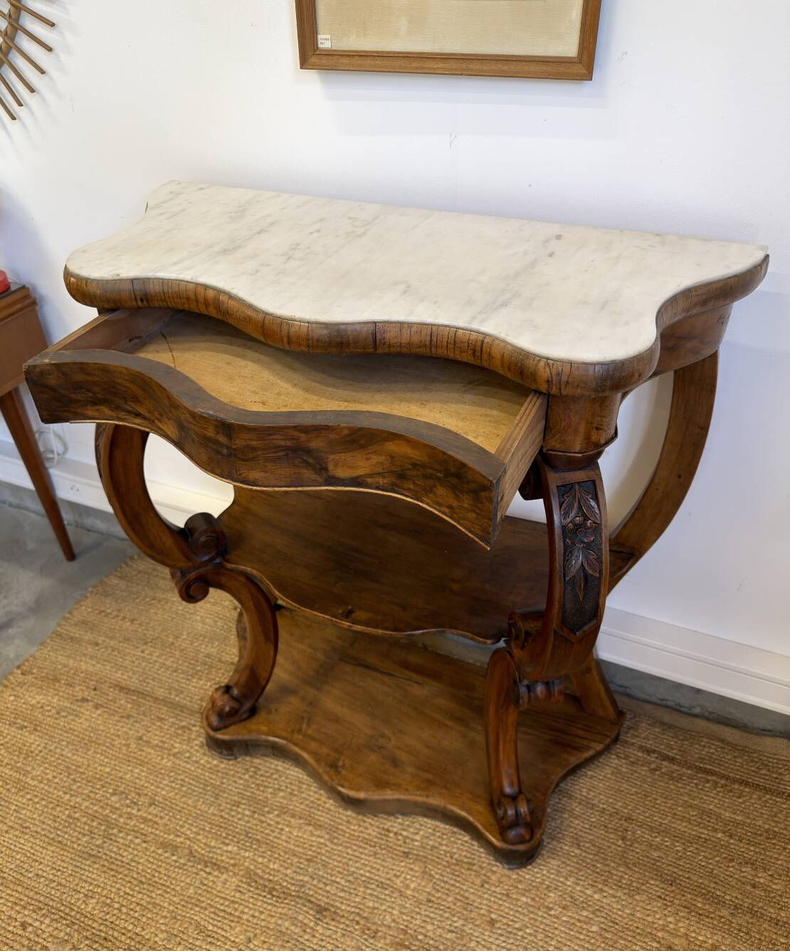 Napoleon III console in walnut and white marble
