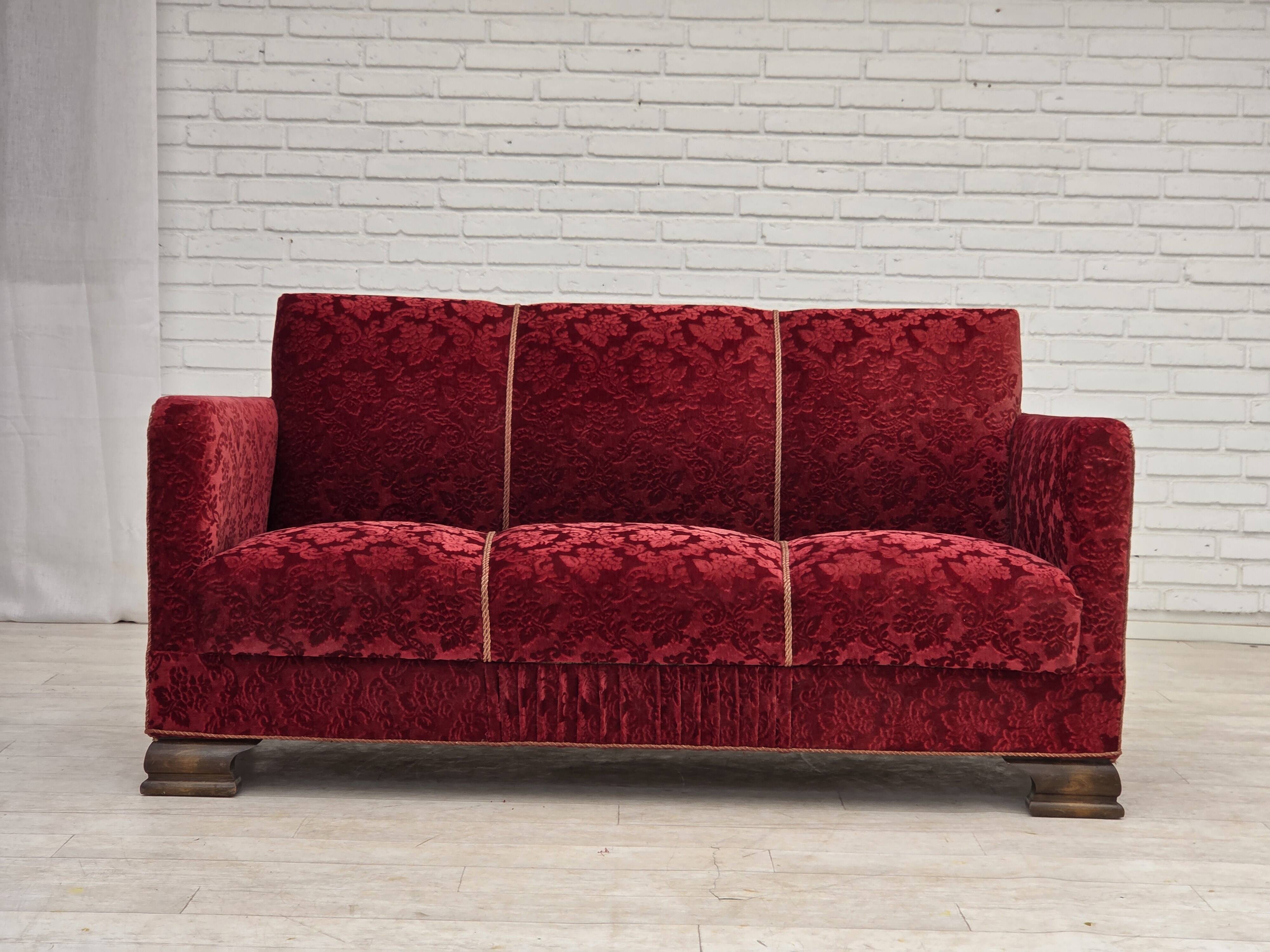 1950s, Danish 3-seater sofa, furniture velour, oak wood.