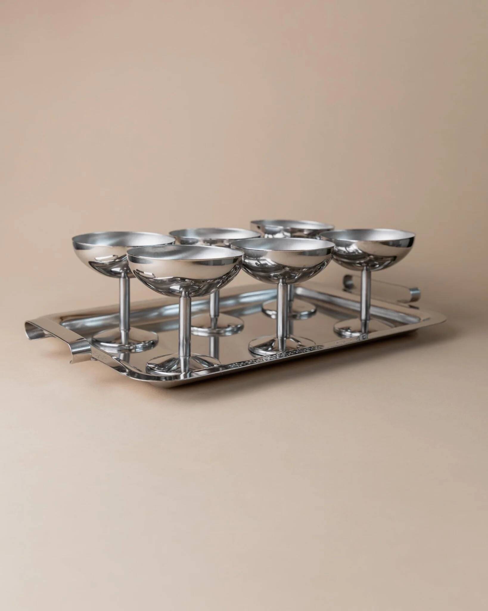 Silver-tone Stainless Steel Vintage Drinking Set for 6 with Tray, 1970s Italian Minimalist Design