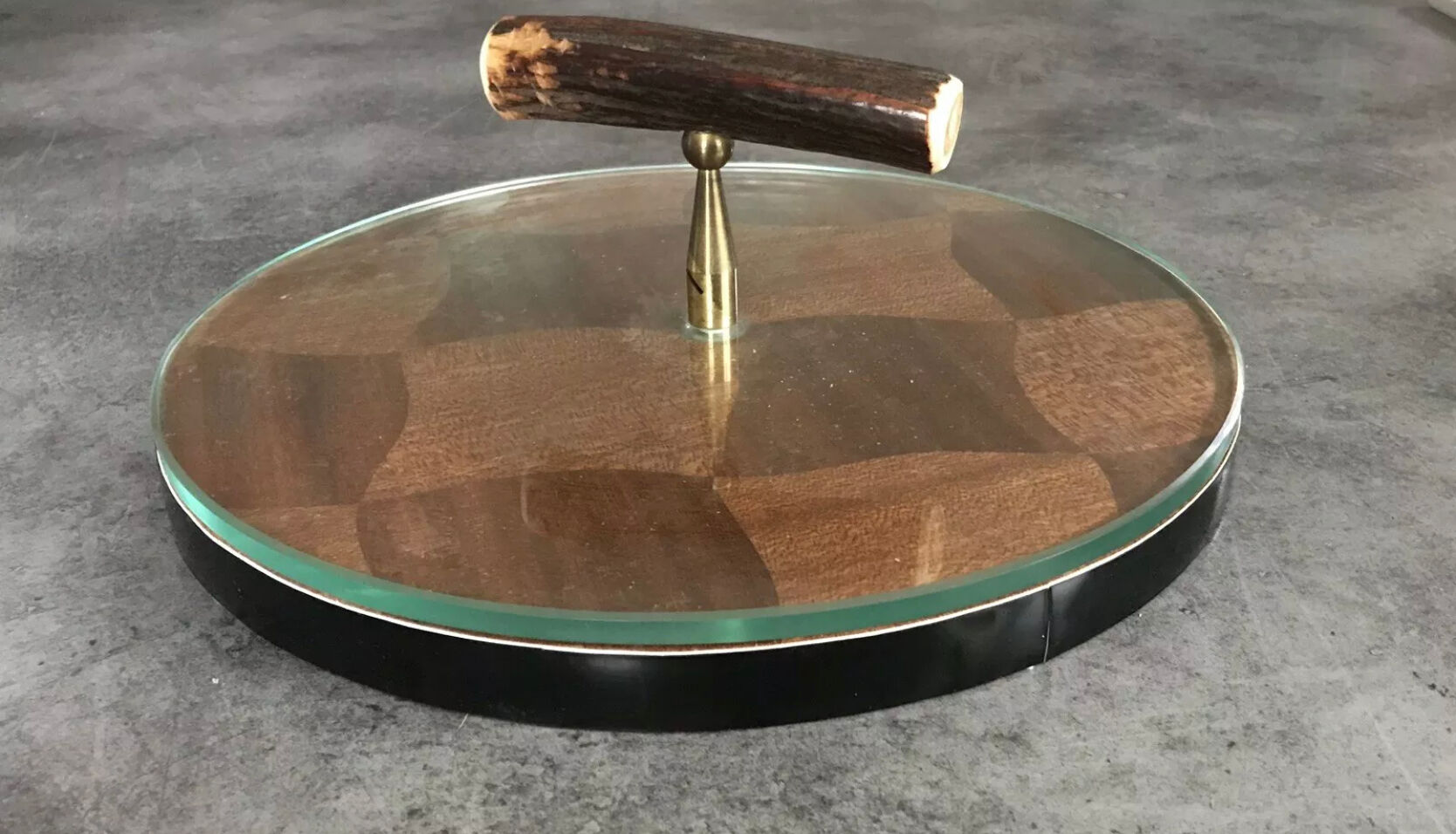Cheese plat vintage rond marquetry plateau turning glass 28.5 cm
