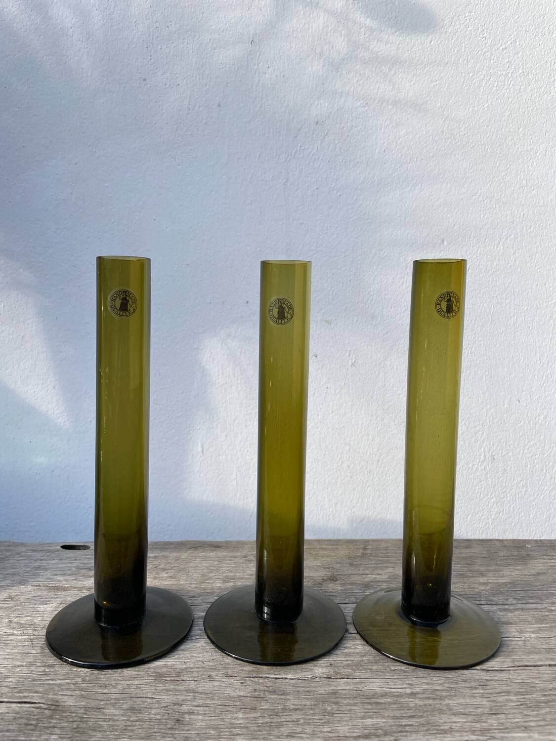 Trio de soliflore en verre vert olive / vases tubes