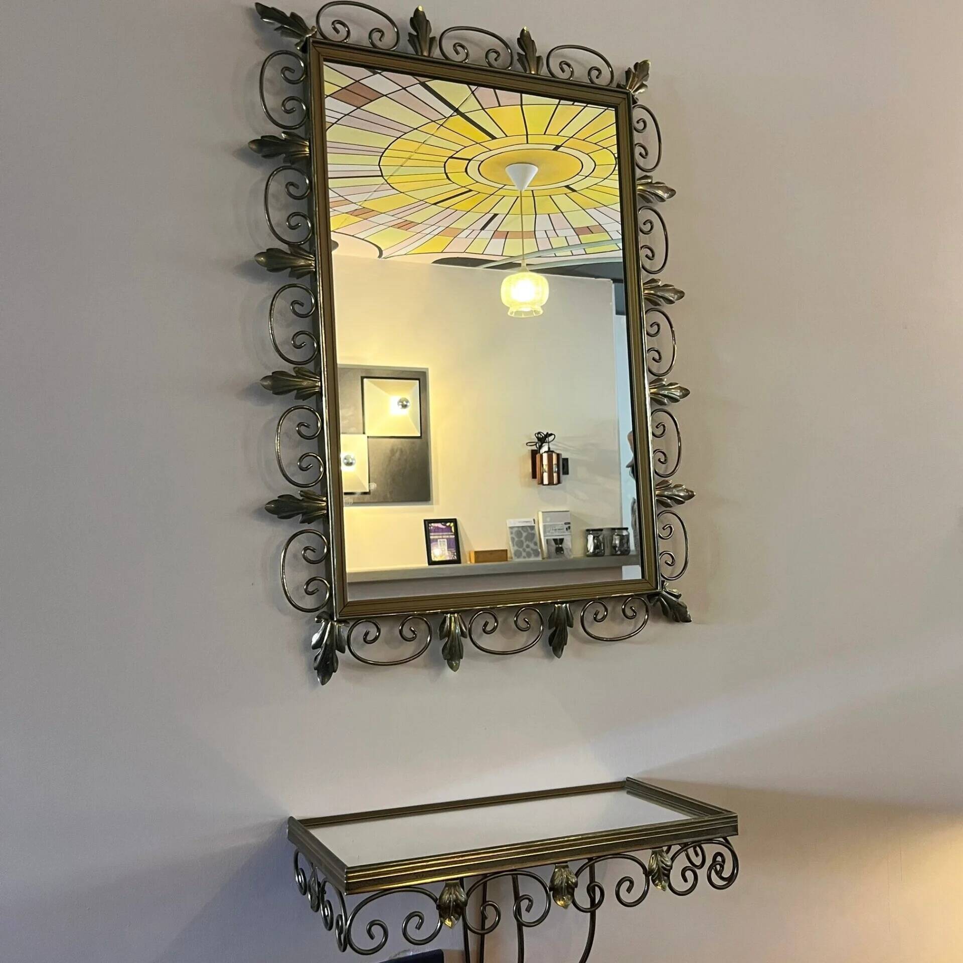Vintage brass Deknudt mirror with shelf, 1970s