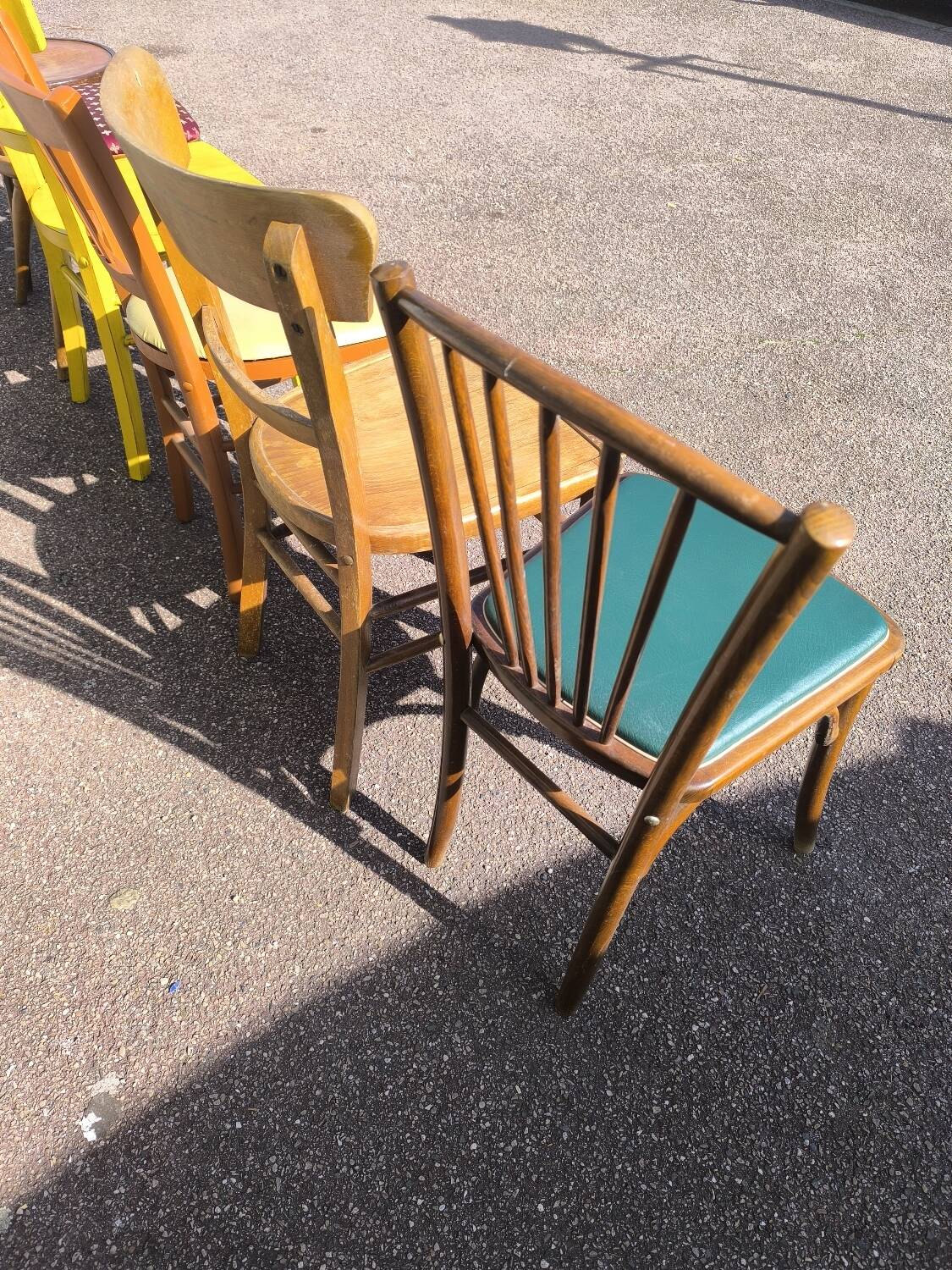 Set of 6 mismatched vintage wooden bistro chairs