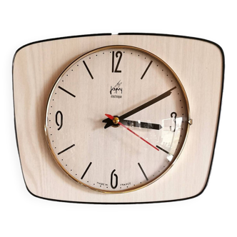 Horloge formica vintage pendule murale silencieuse trapèze "Japy érable"