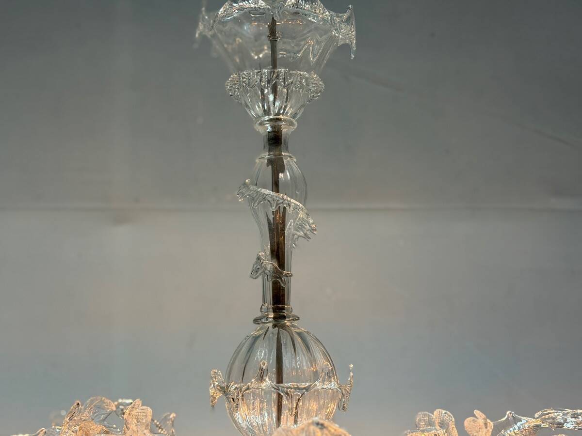 Venetian chandelier in colorless Murano glass with 6 light arms, circa 1930