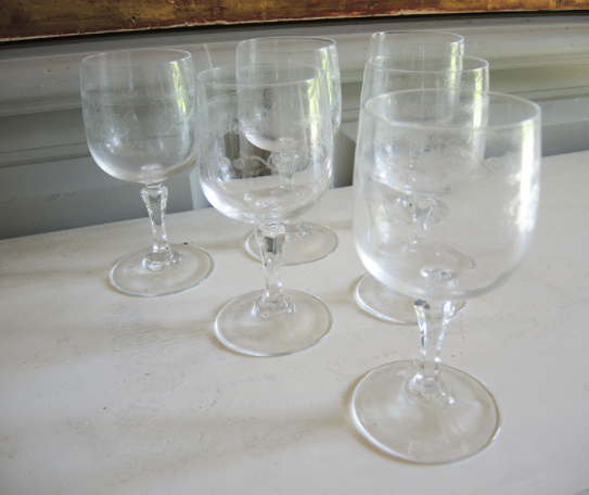 Set of 24 old engraved crystal foot glasses