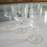 Set of 24 old engraved crystal foot glasses