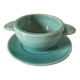Earthenware bowl and saucer in glazed water green ceramic.