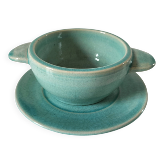 Earthenware bowl and saucer in glazed water green ceramic.