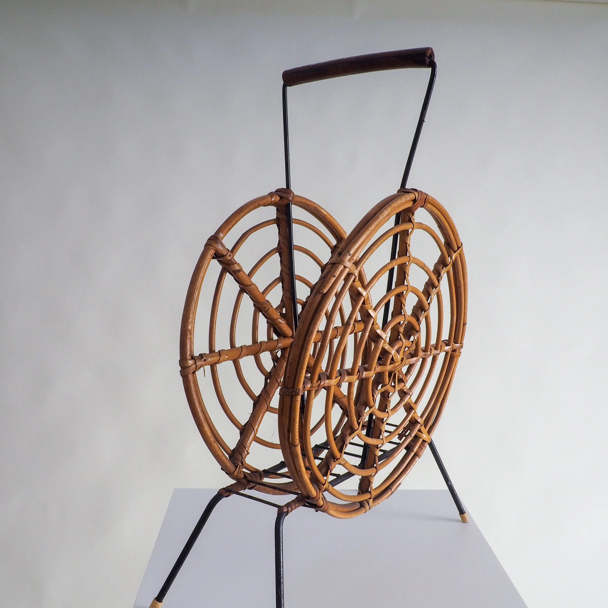 Mid-century round rattan magazine holder