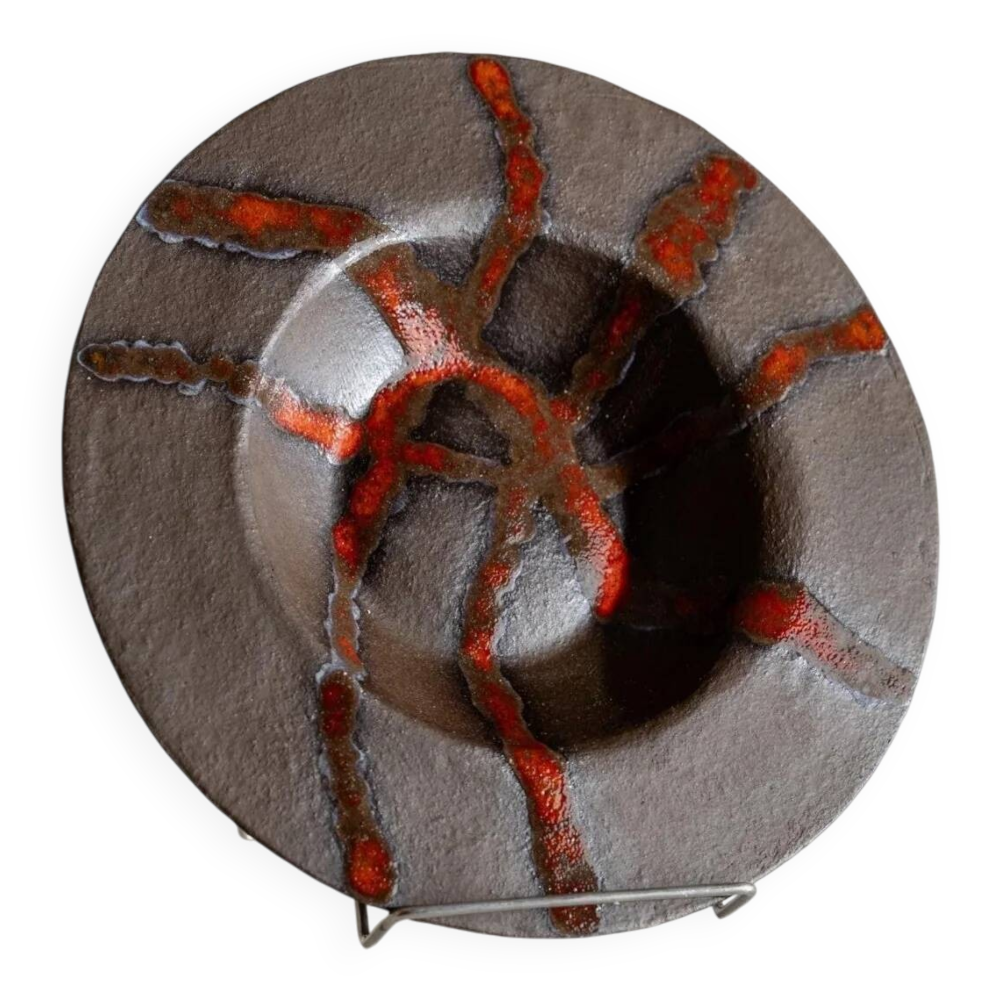 Brown Stoneware Bowl with Red Glaze Streaks, Partially Glazed-Vintage Italian Studio Ceramic, 1970s